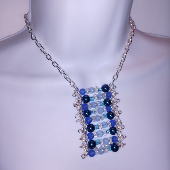 Handmade Blue Beaded Statement Necklace With Silver Tone Chains - Picture 3 of 16